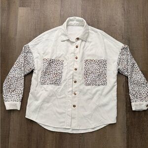 SHEIN White Corduroy Button-Down Shirt with Leopard Print Pockets & Sleeves